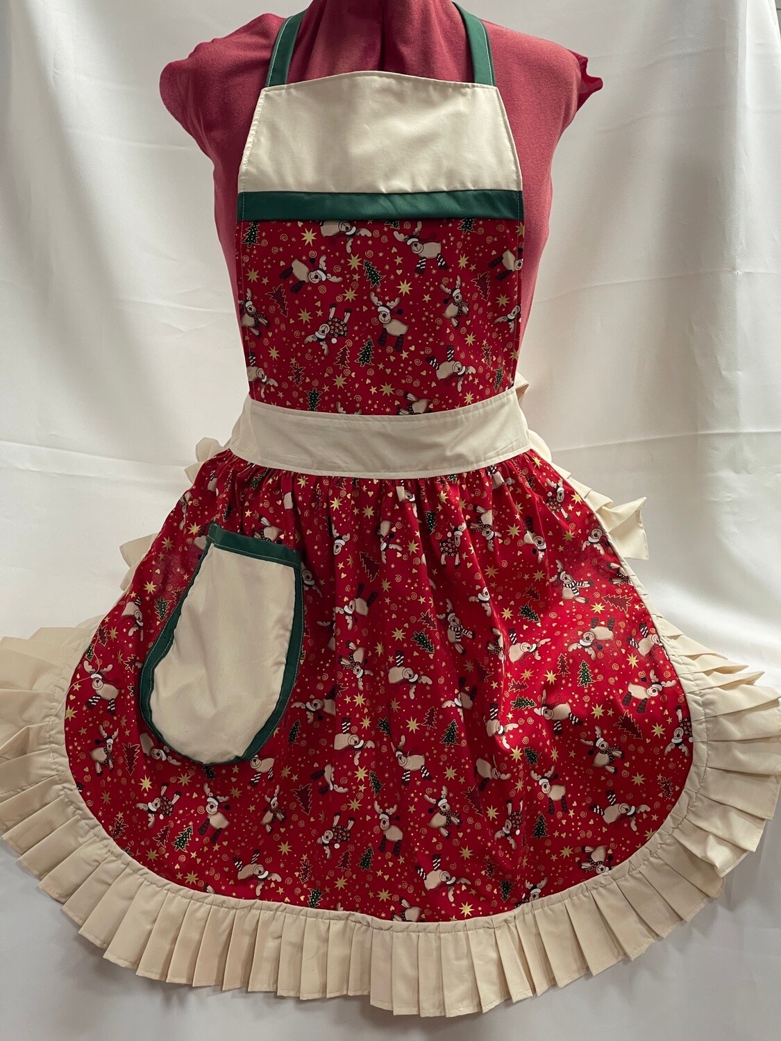 Retro Vintage 50s Style Full Apron / Pinny - Christmas Reindeers on Red with Dark Cream Trim