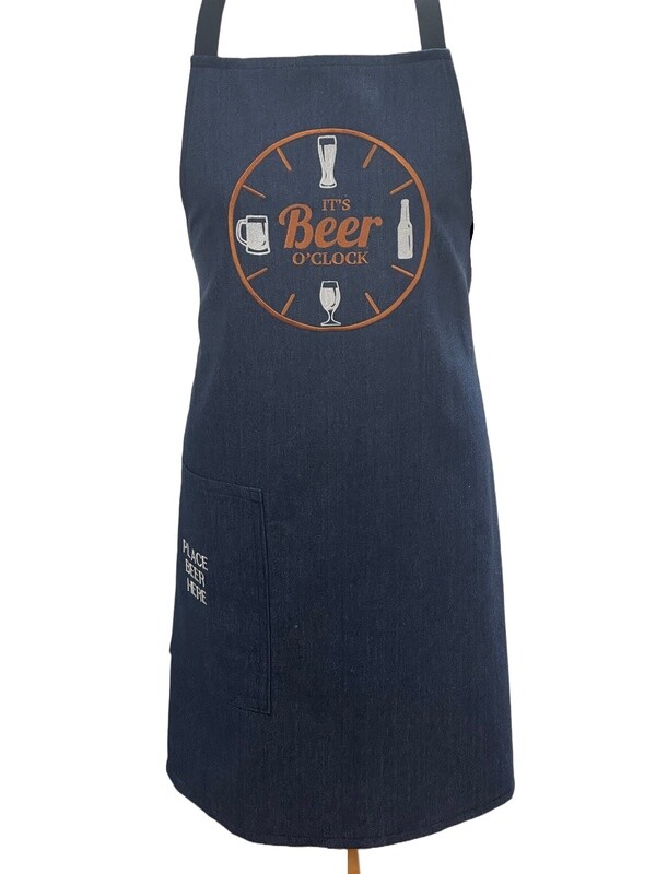 Mens Denim Embroidered Chefs / Cooking / BBQ Apron with Beer Pocket - Blue - It&#39;s Beer o Clock (Tan &amp; White)