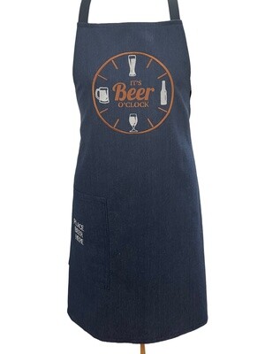 Mens Denim Embroidered Chefs / Cooking / BBQ Apron with Beer Pocket - Blue - It&#39;s Beer o Clock (Tan &amp; White)