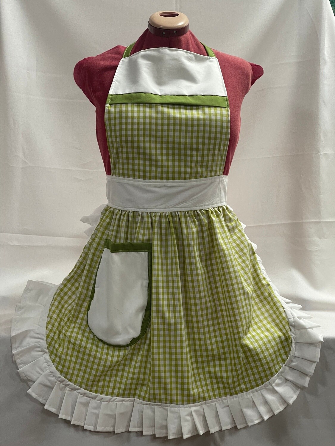 Retro Vintage 50&#39;s Style Full Apron - Apple Green Gingham with White Trim