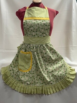 Retro Vintage 50&#39;s Style Full Apron - Green Floral with Apple Green Gingham Trim