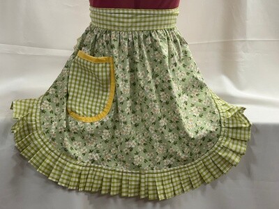Retro Vintage 50s Style Half Apron / Pinny - Green Floral with Apple Green Gingham Trim