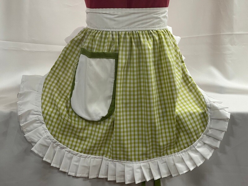 Retro Vintage 50s Style Half Apron / Pinny - Apple Green Gingham with White Trim