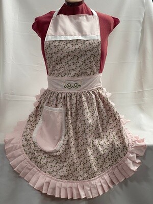 Retro Vintage 50s Style Full Apron / Pinny - Baby Pink Floral with Embroidered Waistband and Baby Pink Trim