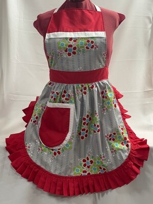 Retro Vintage 50s Style Full Apron / Pinny - Flowers On Grey with Red Trim