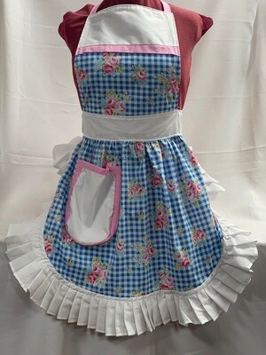Retro Vintage 50s Style Full Apron / Pinny - Blue &amp; White Gingham with Flowers and White Trim