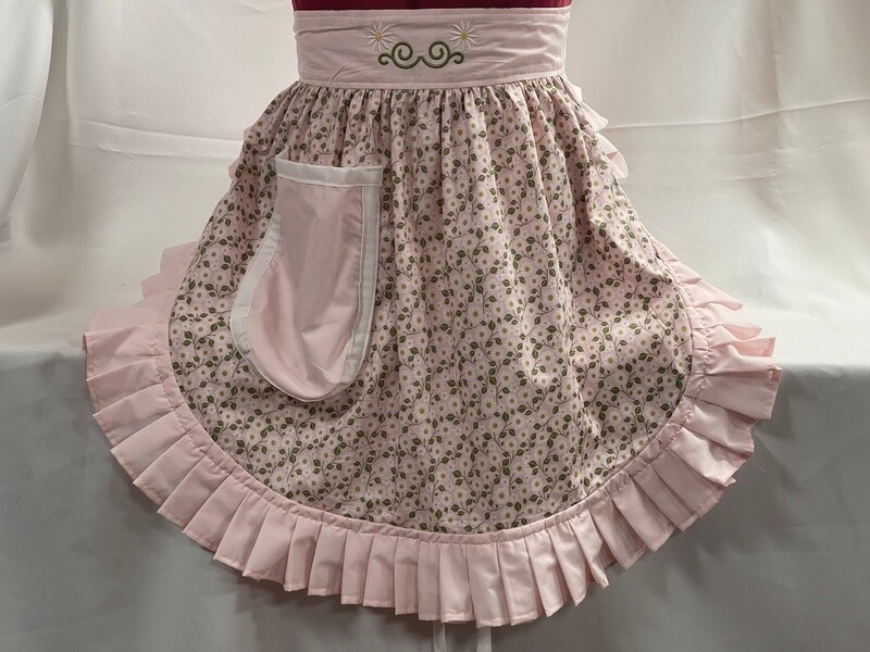 Retro Vintage 50s Style Half Apron / Pinny - Baby Pink Floral with Embroidered Waistband and Baby Pink Trim