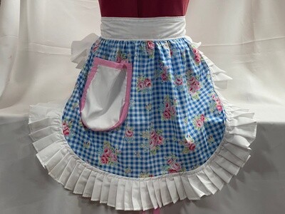 Retro Vintage 50s Style Half Apron / Pinny - Baby Pink Floral with Embroidered Waistband and Baby Pink Trim