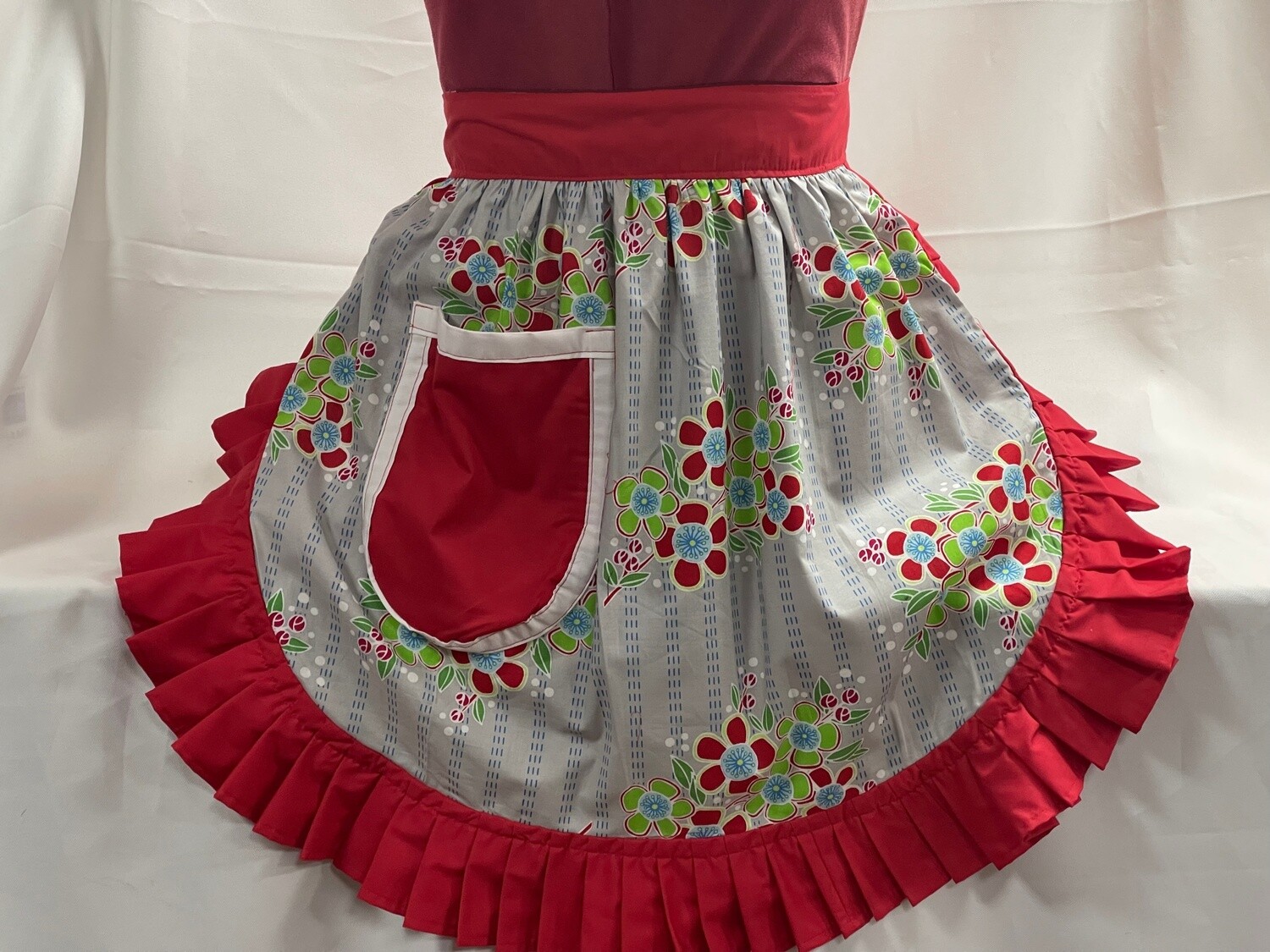 Retro Vintage 50s Style Half Apron / Pinny - Flowers On Grey with Red Trim