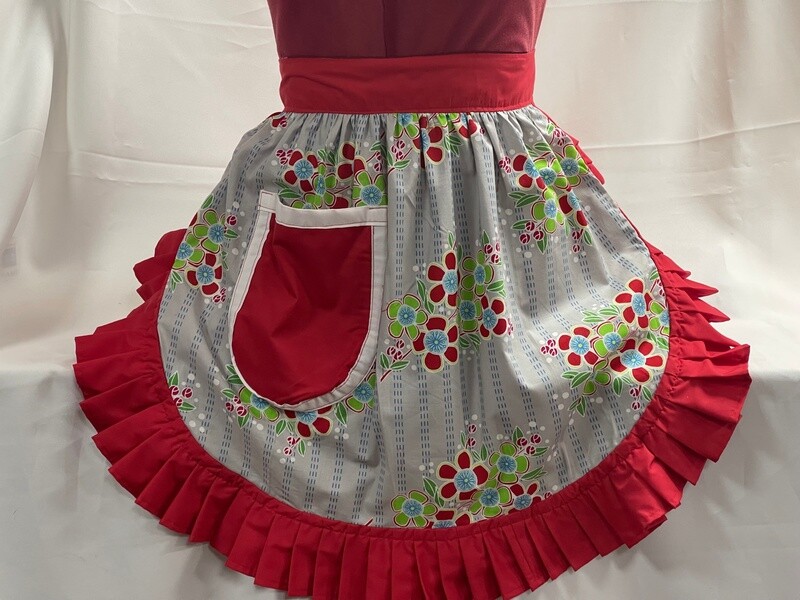 Retro Vintage 50s Style Half Apron / Pinny - Flowers On Grey with Red Trim