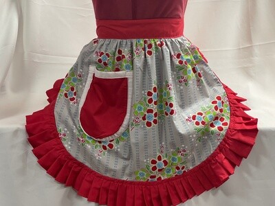 Retro Vintage 50s Style Half Apron / Pinny - Flowers On Grey with Red Trim