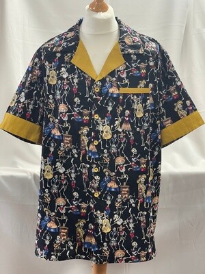 Handmade Retro Cuban Collared Hawaiian Rockabilly Shirt - Black - Day of the Dead
