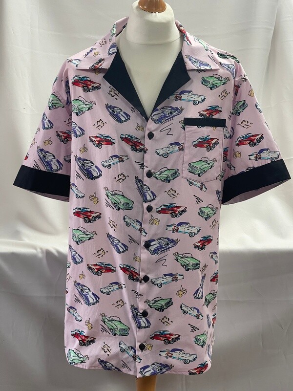 Handmade Retro Cuban Collared Hawaiian Rockabilly Shirt - Pink - Vintage Cars