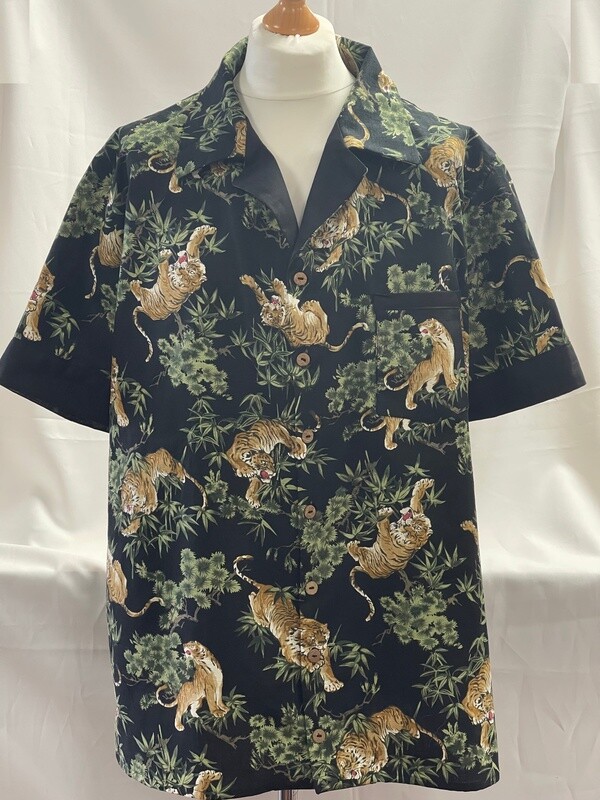 Handmade Retro Cuban Collared Hawaiian Rockabilly Shirt - Premium Fabric - Black - Tigers