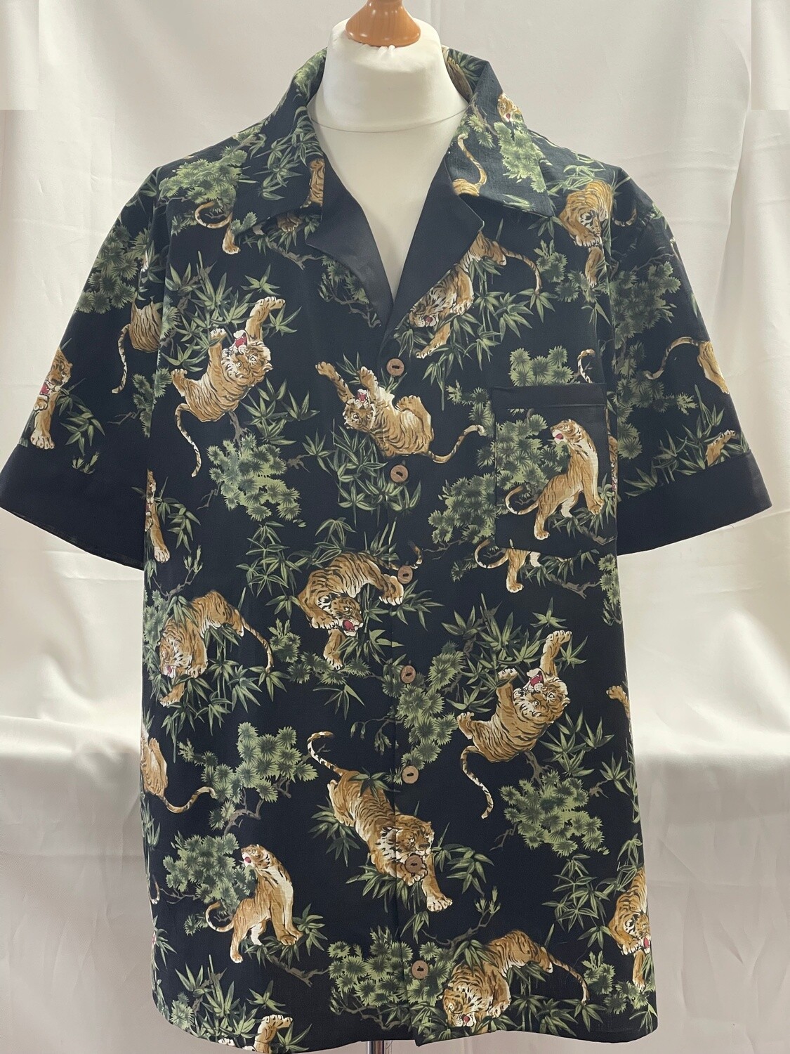 Handmade Retro Cuban Collared Hawaiian Rockabilly Shirt - Premium Fabric - Black - Tigers, Size: S