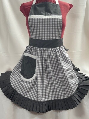 Retro Vintage 50&#39;s Style Full Apron - Grey &amp; White Gingham with Grey Trim