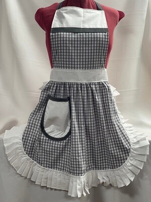 Retro Vintage 50&#39;s Style Full Apron - Grey &amp; White Gingham with White Trim
