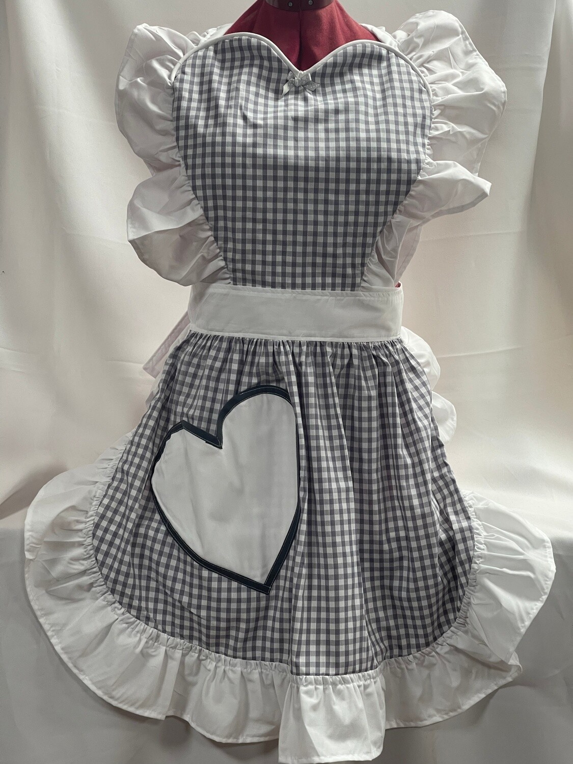 Retro Vintage 50&#39;s Style Full Apron with Heart Shaped Top and Pocket - Grey and White Gingham with White Trim