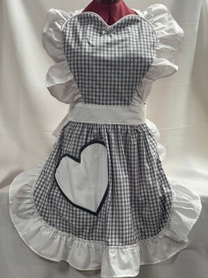 Retro Vintage 50&#39;s Style Full Apron with Heart Shaped Top and Pocket - Grey and White Gingham with White Trim