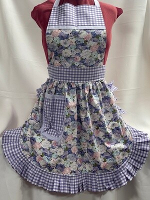 Retro Vintage 50&#39;s Style Full Apron - Lilac Floral with Lilac &amp; White Gingham Trim