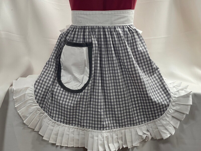 Retro Vintage 50s Style Half Apron / Pinny - Grey &amp; White Gingham with White Trim