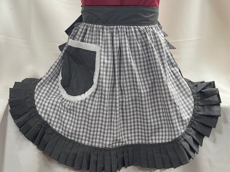 Retro Vintage 50s Style Half Apron / Pinny - Grey &amp; White Gingham with Grey Trim