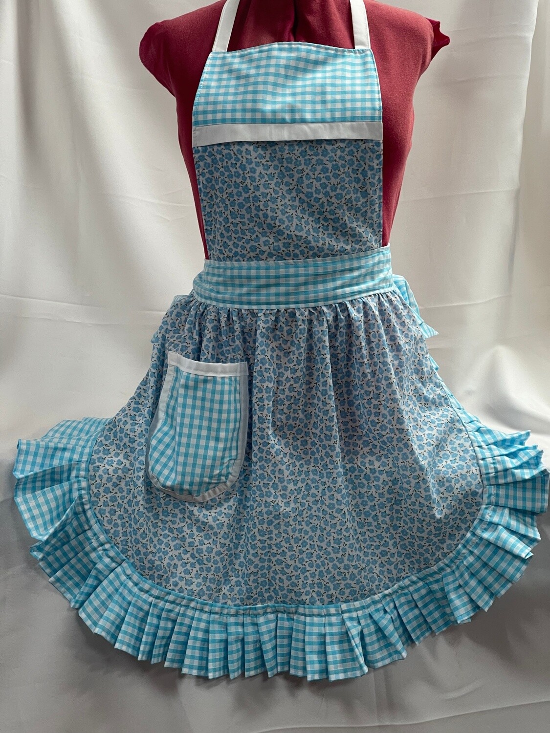 Retro Vintage 50&#39;s Style Full Apron - Turquoise Floral with Turquoise Gingham Trim