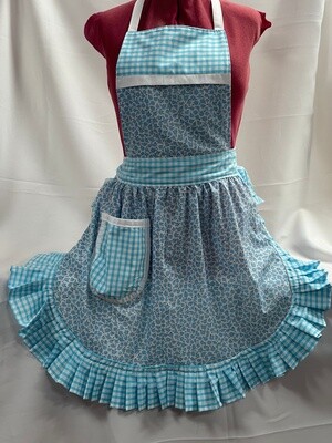 Retro Vintage 50&#39;s Style Full Apron - Turquoise Floral with Turquoise Gingham Trim