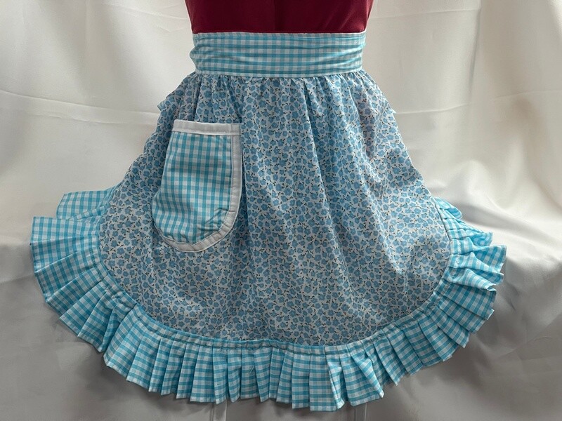 Retro Vintage 50s Style Half Apron / Pinny - Turquoise Floral with Turquoise Gingham Trim