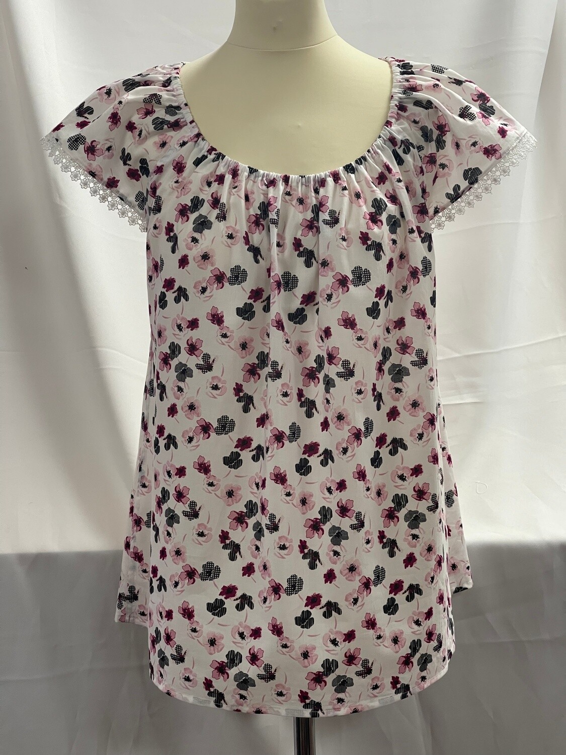 Handmade - 100% Organic Cotton, Bardot Top - White With Pink &amp; Black Flowers, Size: S