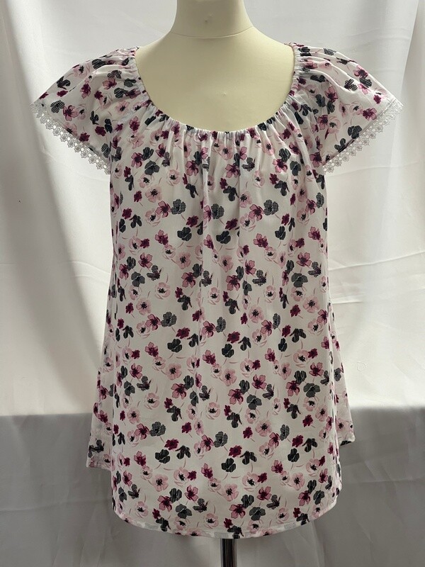 Handmade - 100% Organic Cotton, Bardot Top - White With Pink &amp; Black Flowers