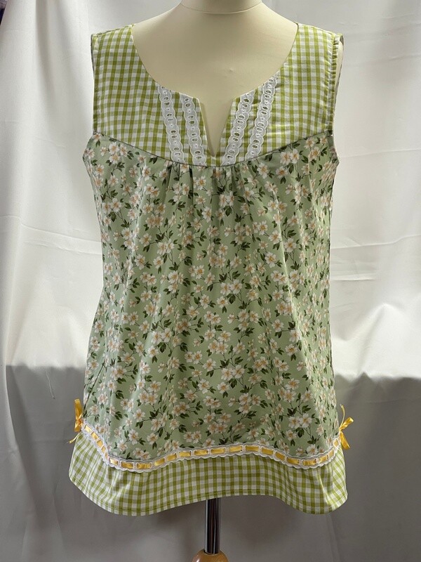 Handmade - 100% Cotton with Polycotton Gingham Trim Green Flower Top Pretty Lace and Ribbon Trim
