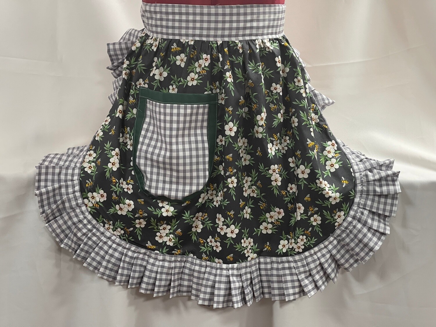 Retro Vintage 50s Style Half Apron / Pinny - Grey Floral with Grey &amp; White Gingham Trim