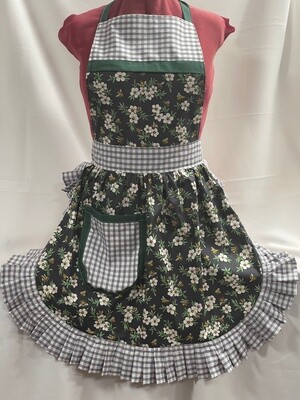Retro Vintage 50s Style Full Apron / Pinny - Grey Floral with Grey &amp; White Gingham Trim