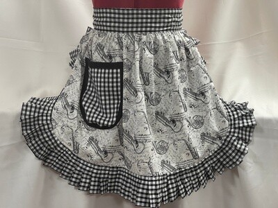 Retro Vintage 50s Style Half Apron / Pinny - Musical On Cream With Gingham Trim