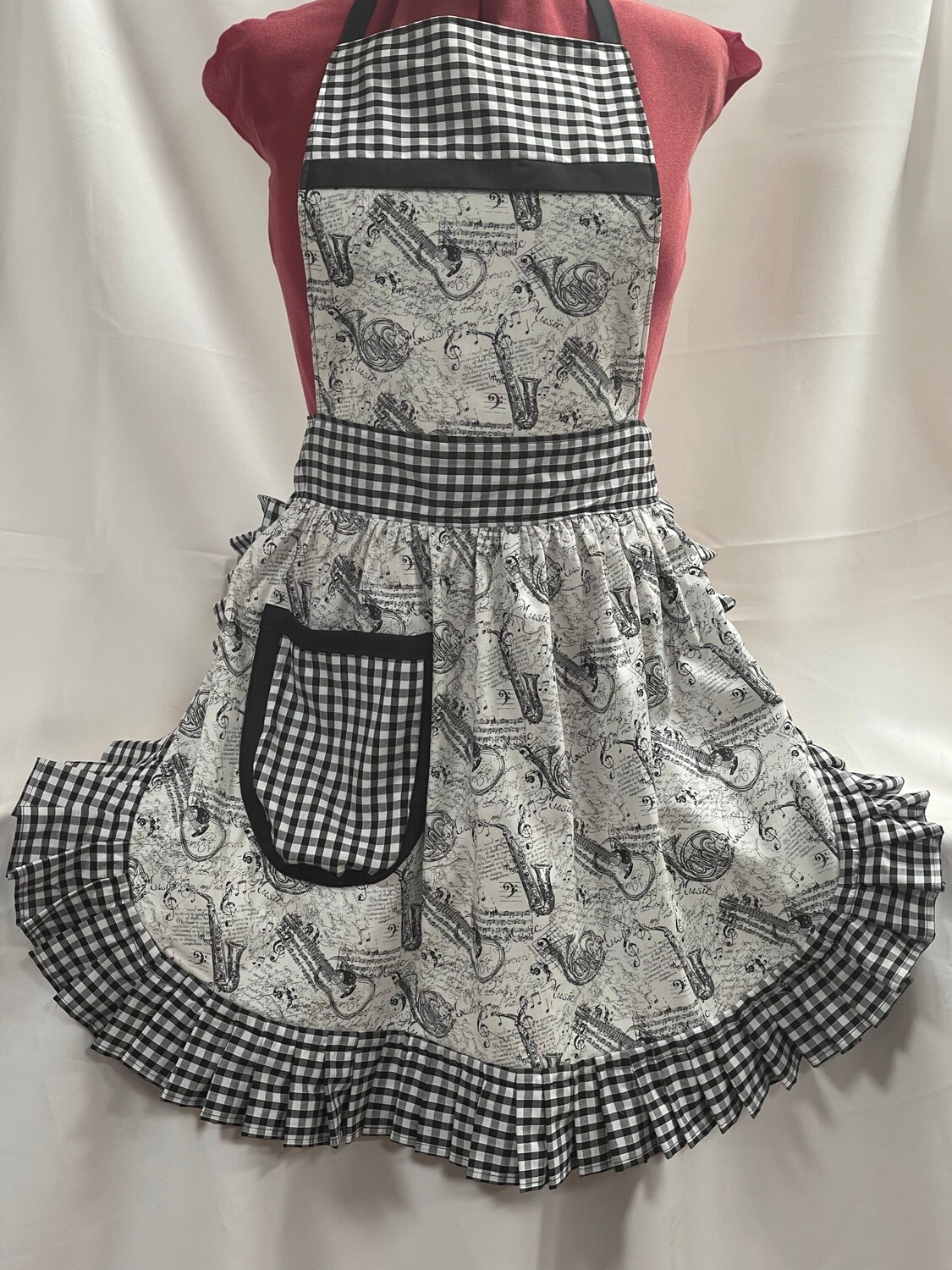 Retro Vintage 50s Style Full Apron / Pinny - Musical On Cream With Gingham Trim