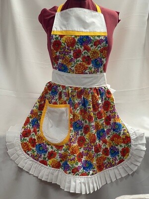 Retro Vintage 50s Style Full Apron / Pinny - Summer Flowers with White Trim
