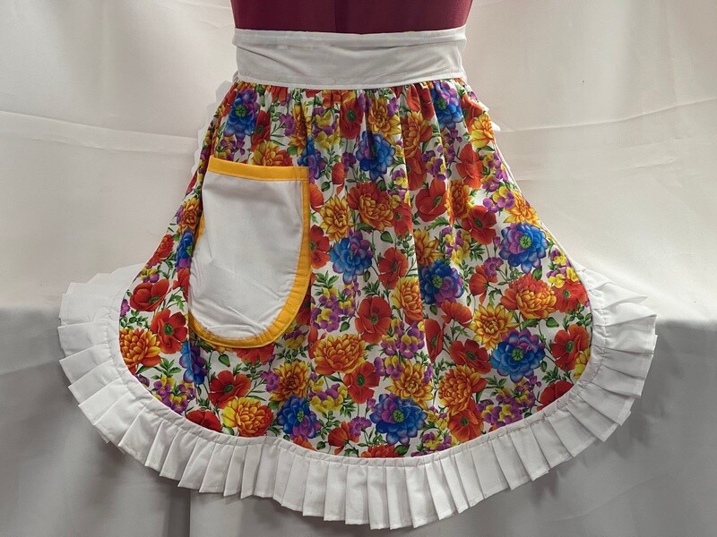 Retro Vintage 50s Style Half Apron / Pinny - Summer Flowers with White Trim