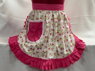 Retro Vintage 50s Style Half Apron / Pinny - Strawberries On Cream With Pink Trim
