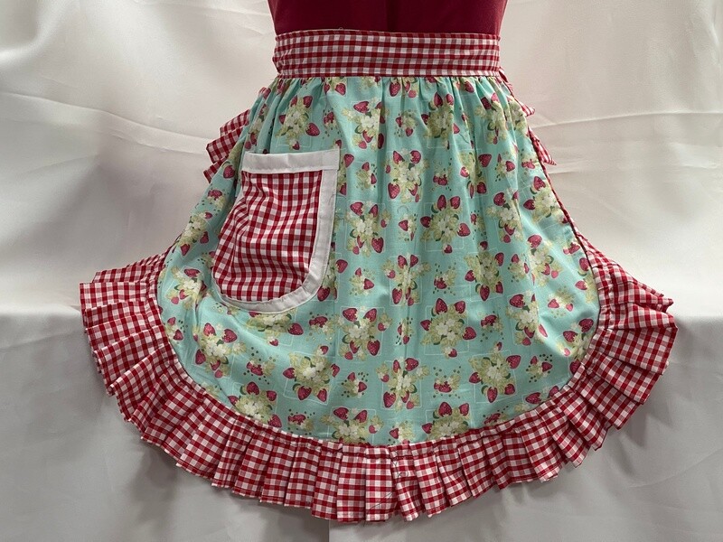 Retro Vintage 50s Style Half Apron / Pinny - Strawberries On Mint With Gingham Trim