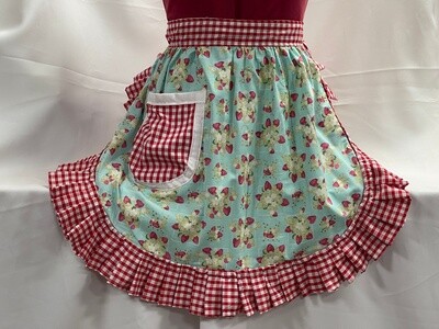 Retro Vintage 50s Style Half Apron / Pinny - Strawberries On Mint With Gingham Trim