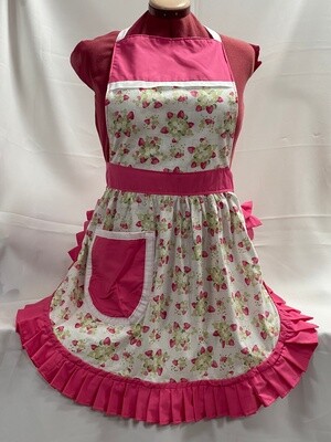 Retro Vintage 50s Style Full Apron / Pinny - Strawberries On Cream With Pink Trim