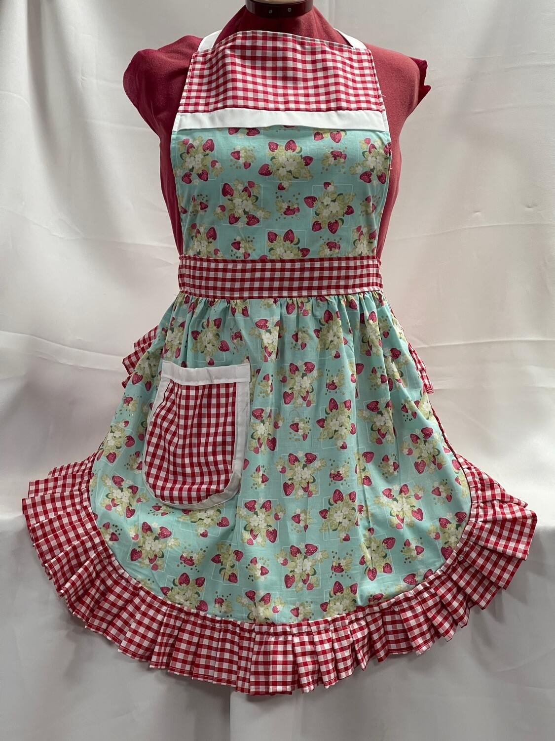 Retro Vintage 50s Style Full Apron / Pinny - Strawberries On Mint With Gingham Trim