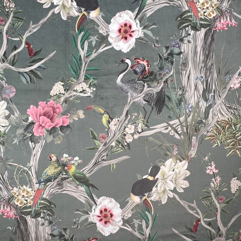 Digitally printed, soft &amp; durable plush Velvet fabric 290gsm - Chinoiserie - Silver Grey