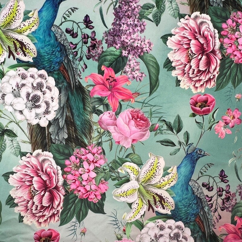 Digitally printed, soft &amp; durable plush Velvet fabric 290gsm - Peacock Blossom - Duckegg