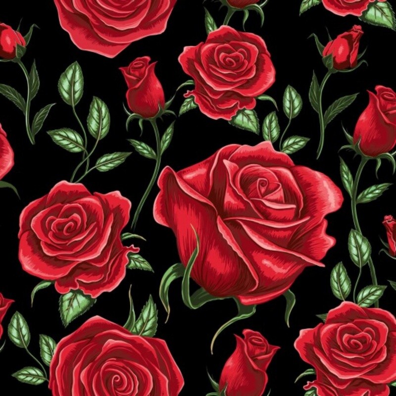 Flower Market - Roses - Black - 100% cotton print fabric