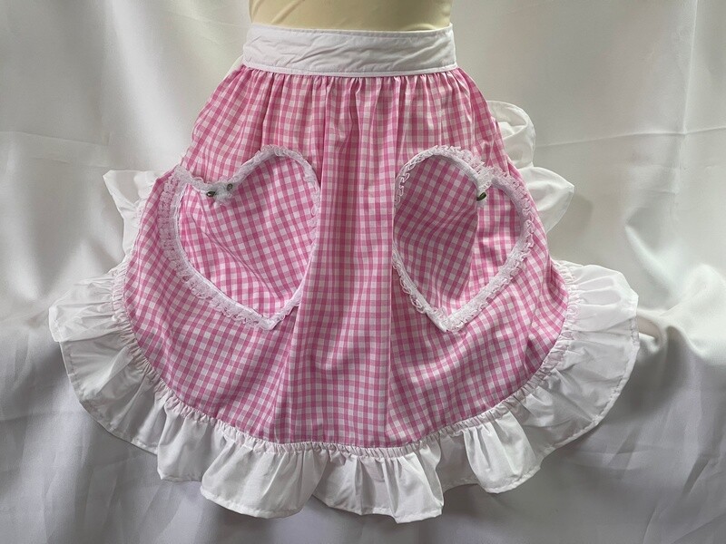 Retro Vintage 50s Style Half Apron with 2 Lace Trimmed Heart Shaped Pockets - Pink Gingham