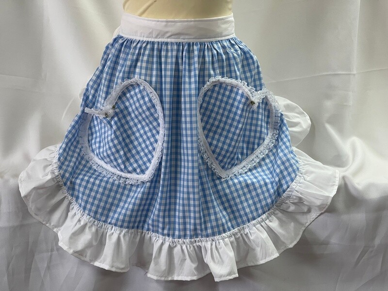 Retro Vintage 50s Style Half Apron with 2 Lace Trimmed Heart Shaped Pockets - Blue Gingham