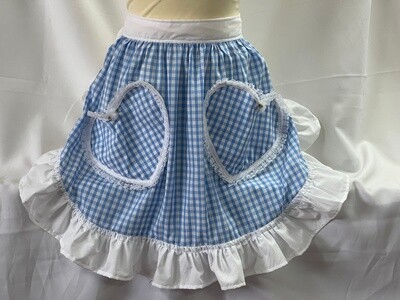 Retro Vintage 50s Style Half Apron with 2 Lace Trimmed Heart Shaped Pockets - Blue Gingham