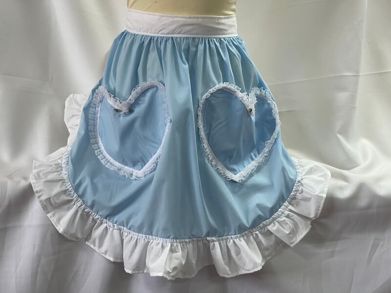 Retro Vintage 50s Style Half Apron with 2 Lace Trimmed Heart Shaped Pockets - Pale Blue